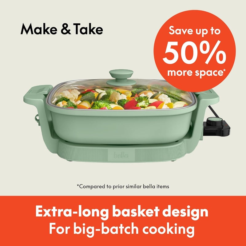 Bella Make & Take Electric Skillet, Fits-anywhere™ kitchenware, EverGood™ Ceramic Coating, Adjustable Temperature & Dishwasher-Safe Tempered Glass Lid, Cast Aluminum Base, 1200 Watt, Seaglass - Image 2