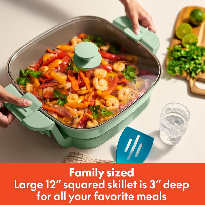 Bella Make & Take Electric Skillet, Fits-anywhere™ kitchenware, EverGood™ Ceramic Coating, Adjustable Temperature & Dishwasher-Safe Tempered Glass Lid, Cast Aluminum Base, 1200 Watt, Seaglass - Image 3