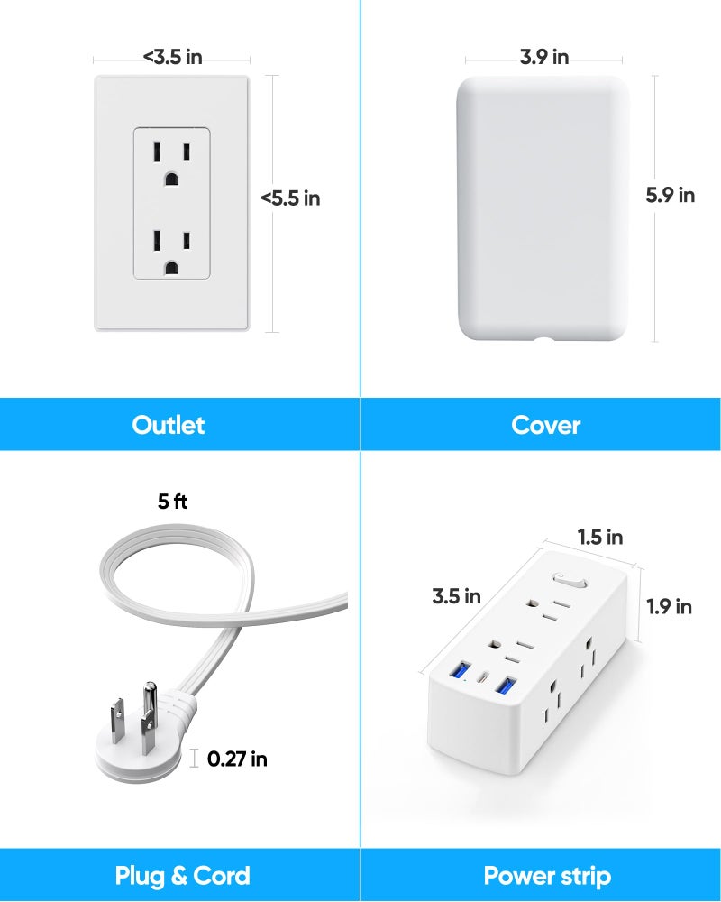 Olcorife Flat Extension Cord with Outlet Cover, Flat Plug Power Strip with 6 Outlets and 3 USB Ports, 2000 Joules Surge Protector, 3 FT Cord Hidden Outlet Extender for Tight Spaces - Image 5