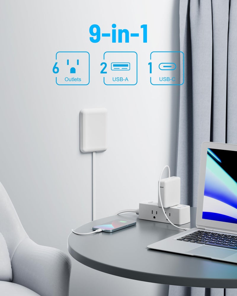 Olcorife Flat Extension Cord with Outlet Cover, Flat Plug Power Strip with 6 Outlets and 3 USB Ports, 2000 Joules Surge Protector, 3 FT Cord Hidden Outlet Extender for Tight Spaces - Image 2