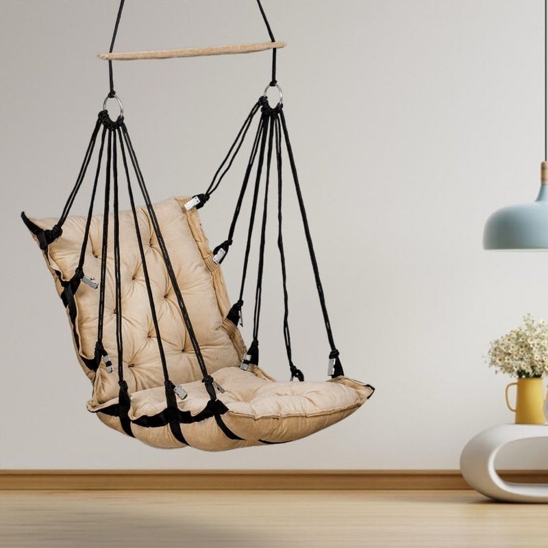 Swingzy Made in India Soft Velvet Hanging Swing for AdultsJhula for Adults Swing for Indoor OutdoorSwing for HomeHanging Jhula Chair 52x50x150 Cms Beige
