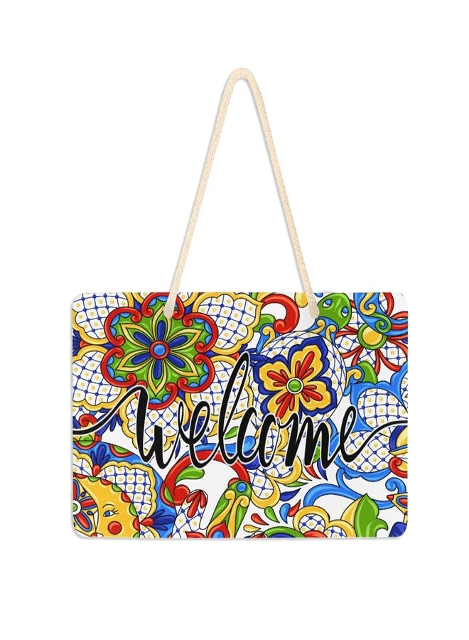 xigua Welcome Sign Front Porch Decor - Mexican Talavera Ornamental Ceramic Hanging Plaque Wall Decor for Home Farmhouse 6" X 11" - Image 1