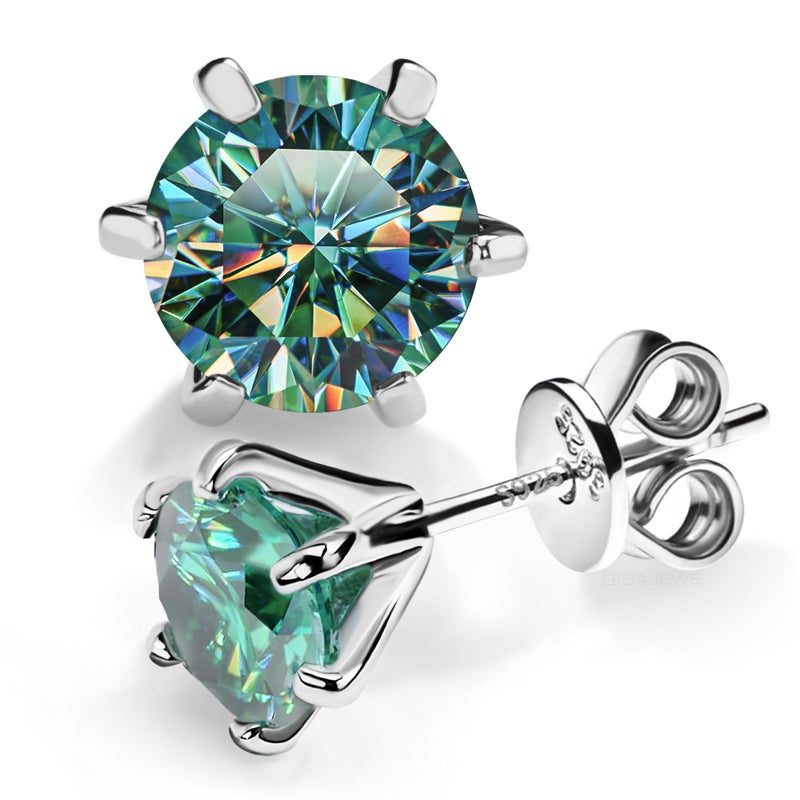 GIGAJEWE Moissanite Stud Earring Round Cut Total 2.0ct,18K White Gold Plated Silver Earring for Women Menâ€¦ (Green) - Image 1