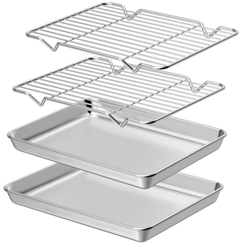 Wildone Baking Sheet with Rack Set 2 Sheets  2 Racks Stainless Steel Cookie Pan baking Tray with Cooling Rack Size 9 x 7 x 1 Inch Non Toxic  Heavy Duty  Easy Clean
