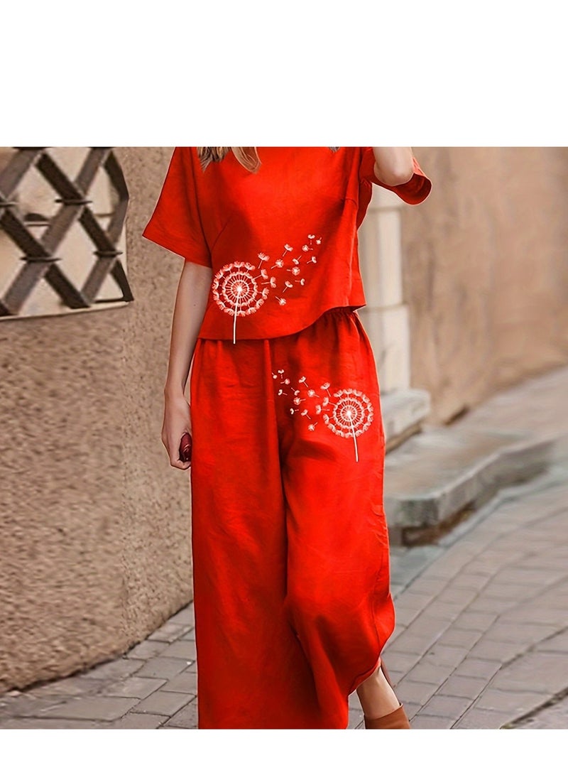 Women's sleepwear, bohemian dandelion print loose-fitting pajama set, casual short-sleeved crew neck top and wide-leg cropped pants  - Image 1