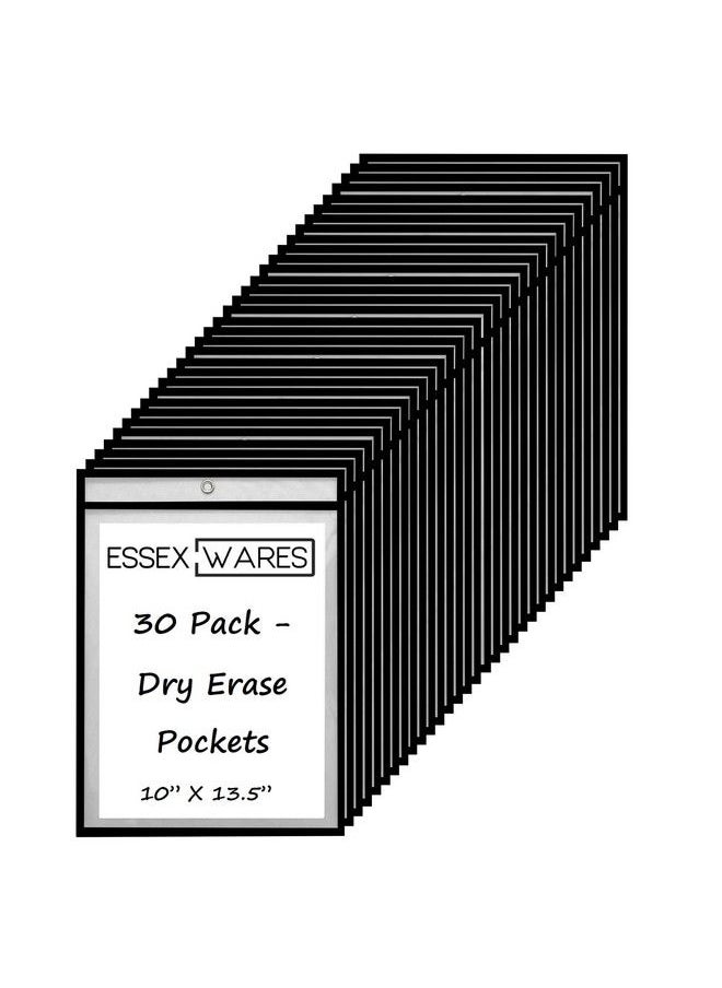 Essex Wares 30 Pack Dry Erase Pockets Black By Essex Wares For Teacher Lessons In A Classroom Or For Use At Your Home Or Office 10” X 13.5” Fits Standard Paper  - Image 1