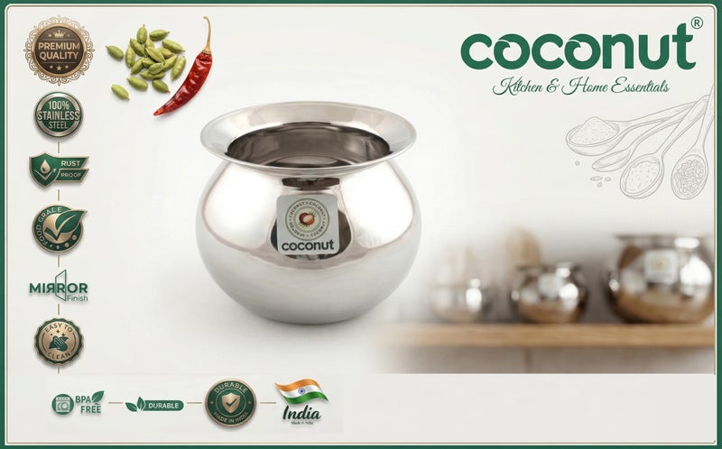 Coconut Stainless Steel Heavy Gauge Pongal Pot | Gundu Balloon Handi | Multipurpose Steel Cooking Vessel | Rust Resistant, Durable Kitchen Pot for Daily & Festival Use (1500ml) - Image 4