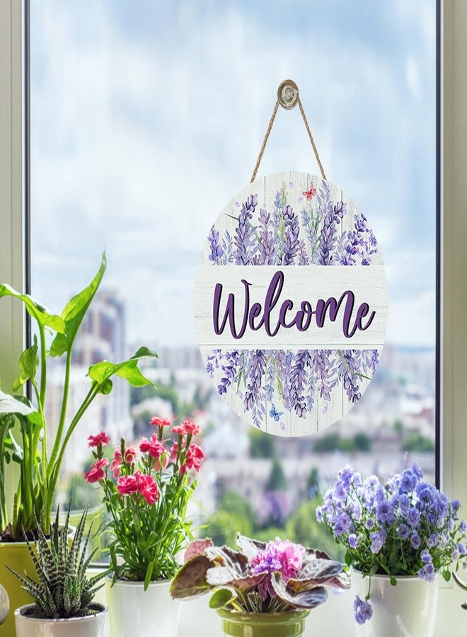 Bolisom Welcome Spring Summer Lavender Flower Front Door Sign, Watercolor Floral Butterfly Wood Plaque Hanger Outdoor Outside Porch Home Decor, Farmhouse Wooden Wreath Indoor Wall Hanging Decoration - Image 5