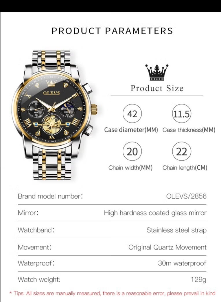 أوليفز OLEVS Watches for Men Fashion Stainless Steel Quartz Chronograph Water Resistant Watch 42mm 2856 Business Black Quartz Watches - Image 2