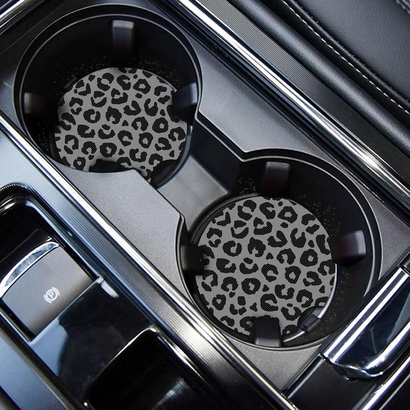 WOCOCN Cute Cup Holder Coasters for Your Car with Fingertip Grip, Auto Accessories for Women & Men,Pack of 2(Gray Leopard) - Image 1