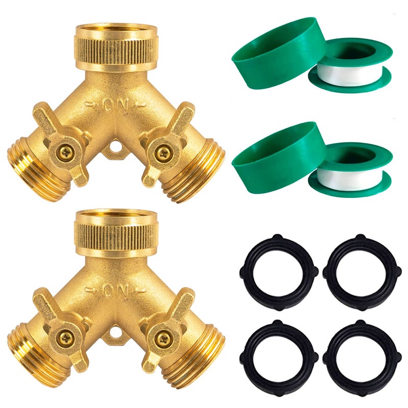 Hourleey Brass Garden Hose Splitter 2 Way Solid Brass Hose Y Splitter 2 Valves with 2 Extra Rubber Washers 2 Pack