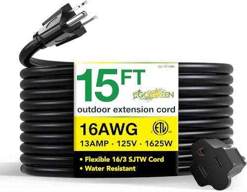 Power By GoGreen Go Green Power Inc. (GG-13715BK) 16/3 SJTW Outdoor Extension Cord, Black, 15 ft - Image 1