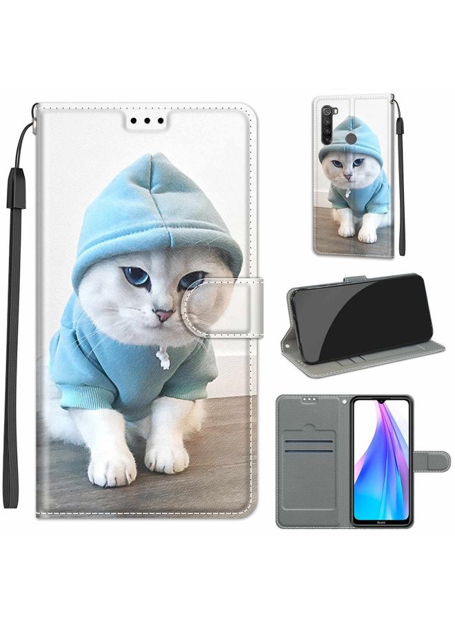 HuHa Case Cover For Xiaomi Redmi Note 8T Voltage Coloured Drawing Magnetic Clasp Horizontal Flip PU Leather Case with Holder & Card Slots C15 Blue Sweater White Cat
