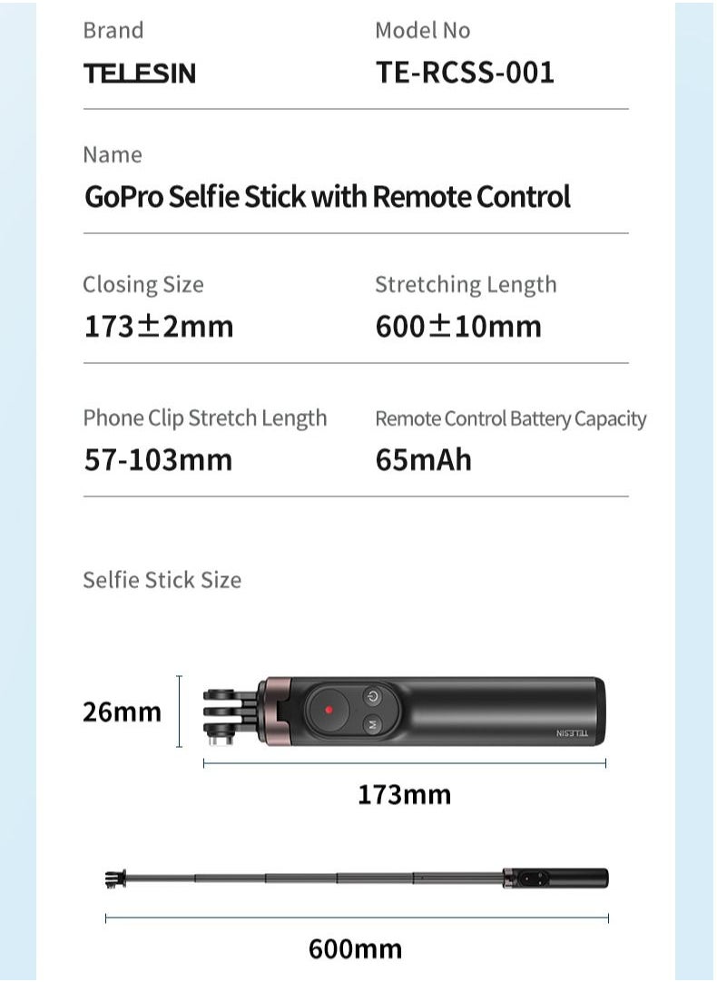TELESIN - TELESIN Wireless Remote Control Selfie Stick for GoPro HERO11/10/9 - Image 1