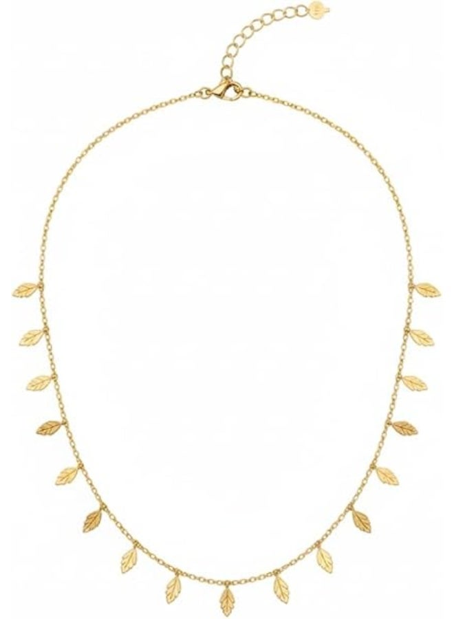 Elegant Women's 18K Gold Plated Stainless Steel Choker Necklace Featuring Delicate Detailed Leaf Charms and Dangle Petals - Boho-Chic Minimalist Tiny Leaf Fringe Chain Necklace Tarnish-Free and Waterproof Jewelry for Women and Girls - Adjustable High-Polish Gold Layering Neckpiece with Lobster Clasp and Extension Chain for Daily Wear, Parties, and Gifts - Hypoallergenic Nature-Inspired Botanical Jewelry - Image 1