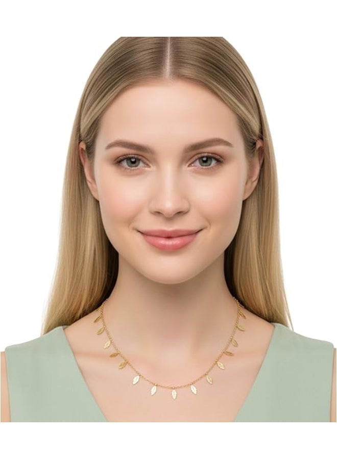 Elegant Women's 18K Gold Plated Stainless Steel Choker Necklace Featuring Delicate Detailed Leaf Charms and Dangle Petals - Boho-Chic Minimalist Tiny Leaf Fringe Chain Necklace Tarnish-Free and Waterproof Jewelry for Women and Girls - Adjustable High-Polish Gold Layering Neckpiece with Lobster Clasp and Extension Chain for Daily Wear, Parties, and Gifts - Hypoallergenic Nature-Inspired Botanical Jewelry - Image 3