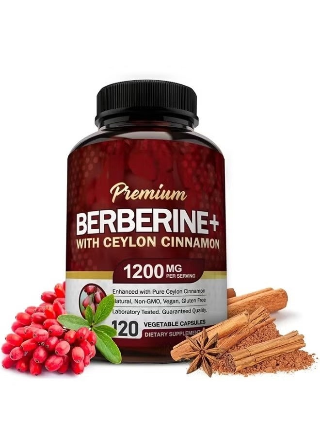 Premium Berberine HCL 1200mg, 120 Capsules - Plus Pure True Ceylon Cinnamon, Berberine HCI Root Supplements Pills - Immune System - yields an Optimal 8% HC - Image 1