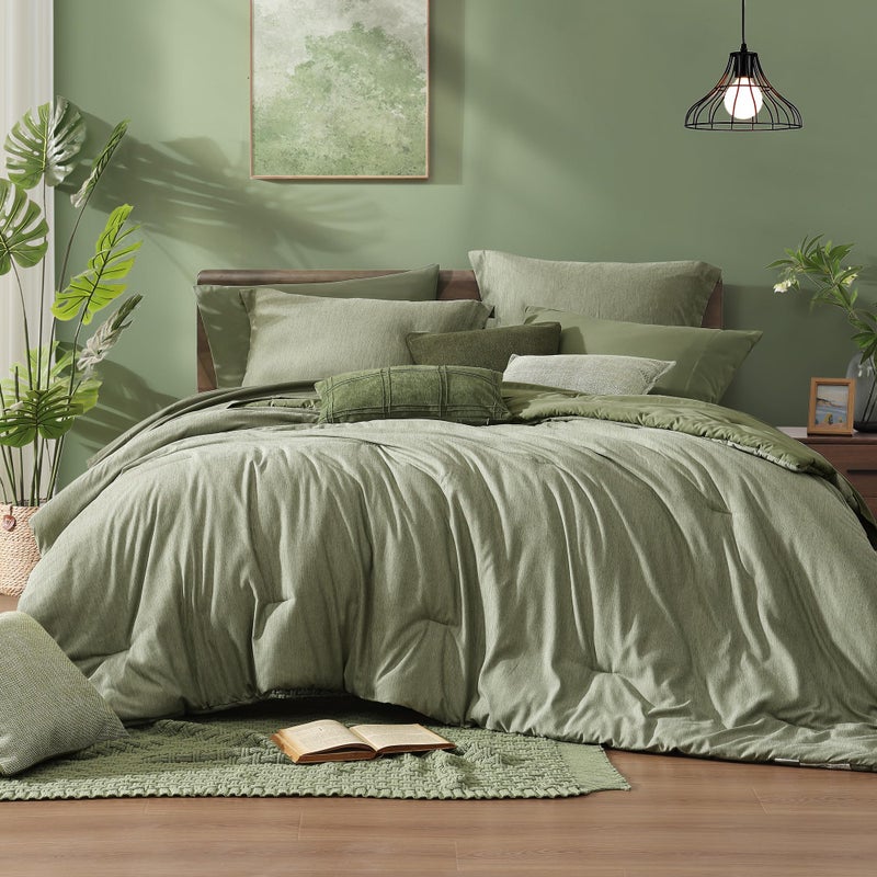 Monbix King Size Comforter Set, Sage Green King Size Bed Set Reversible 7 Pieces, Cationic Dyeing Bed in a Bag with Comforter, Sheets, Pillowcases & Shams - Image 1