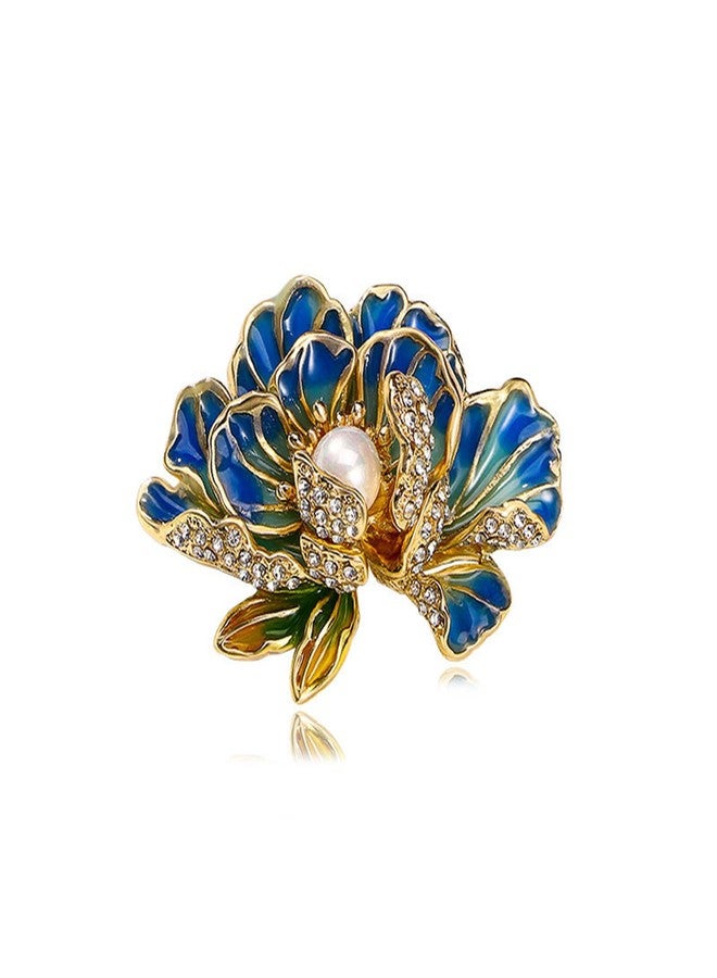 RLHRNDE Dainty Flower Brooch Pin for Women Classical Enamel Blue Peony Flower Brooch Natural Freshwater Pearl Exquisite Banquet Wedding Party Jewelry Accessories Gift (Blue) - Image 1