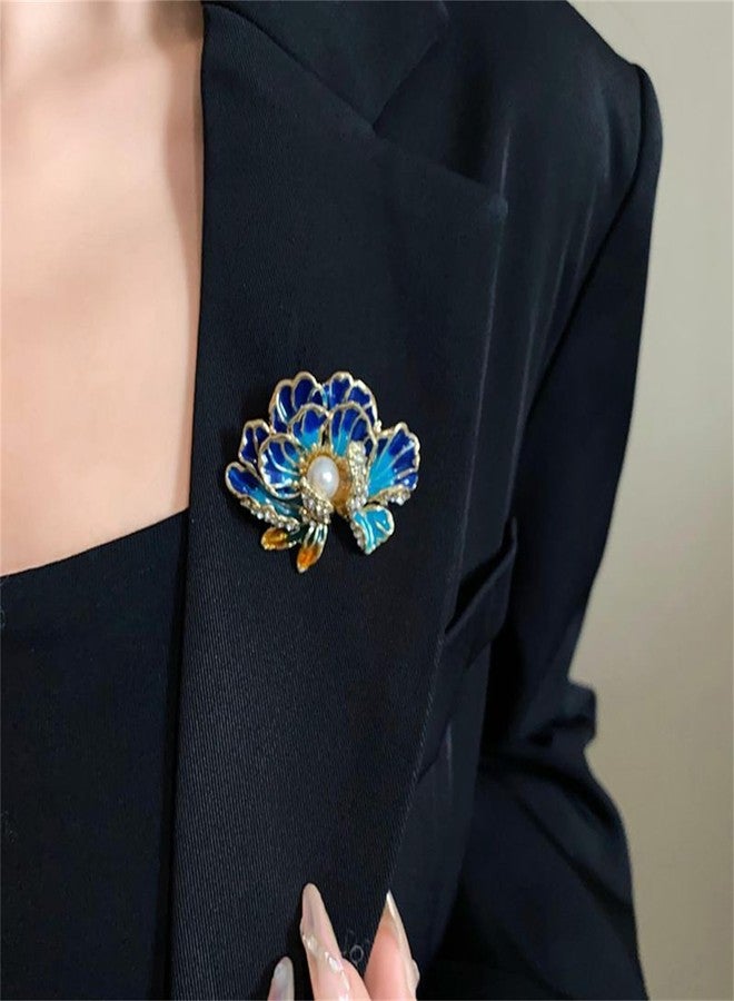 RLHRNDE Dainty Flower Brooch Pin for Women Classical Enamel Blue Peony Flower Brooch Natural Freshwater Pearl Exquisite Banquet Wedding Party Jewelry Accessories Gift (Blue) - Image 2