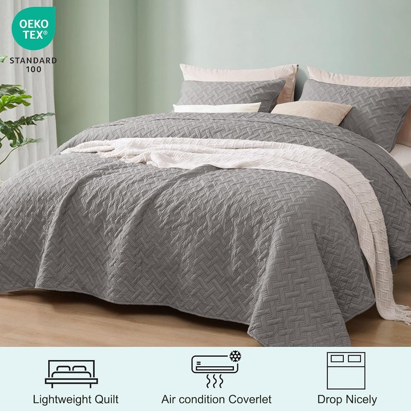 PHF Quilt Bedding Set Queen Size - Lightweight Summer Bedspread, 3PCS Soft Breathable Geometric Pattern Bedding Coverlet for All Season, Drop Nicely Quilt (230 cm x 245 cm) with 2 Pillow Sham (50 cm x 66 cm), Grey - Image 2