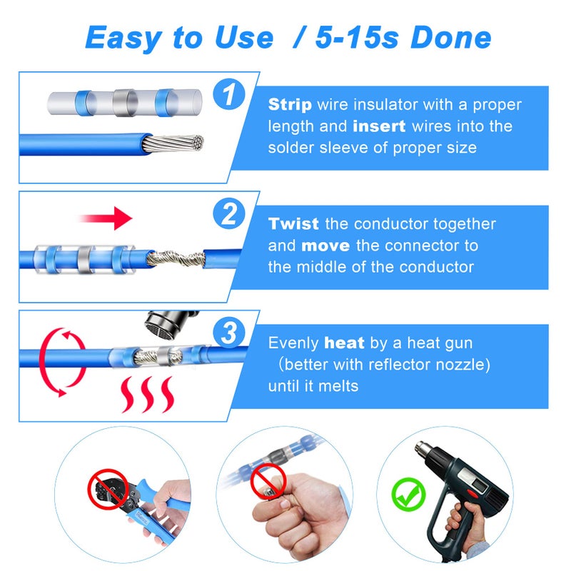 Kuject 200PCS Solder Seal Heat Shrink Butt Connectors, Waterproof Wire Connectors Kit Electrical Terminals, Solderless Insulated Wire Splice Cable Connector for Marine Automotive Boat Truck - Image 5