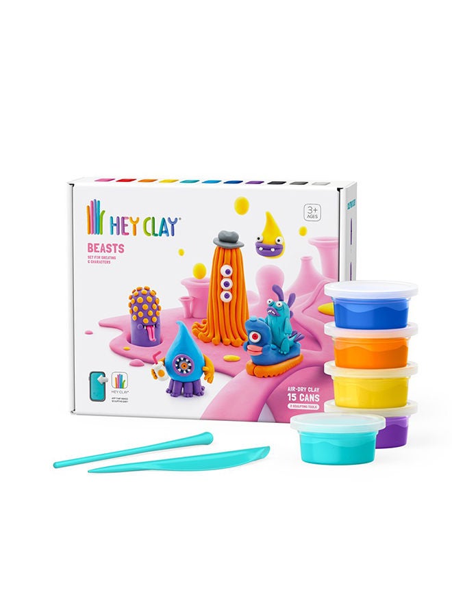 HEY CLAY Beasts Set-Colourful Modeling Kids-Air Dry Clay Kit 15 Cans And Sculpting Tools - Image 1