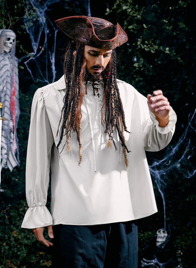 Runcati Mens Pirate Medieval Shirt Renaissance Costume Cosplay Victorian Gothic Tee Viking Vampire Tops White - Image 4