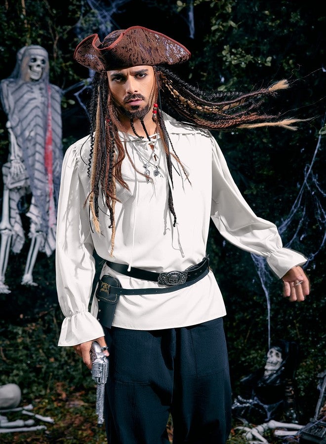 Runcati Mens Pirate Medieval Shirt Renaissance Costume Cosplay Victorian Gothic Tee Viking Vampire Tops White - Image 3