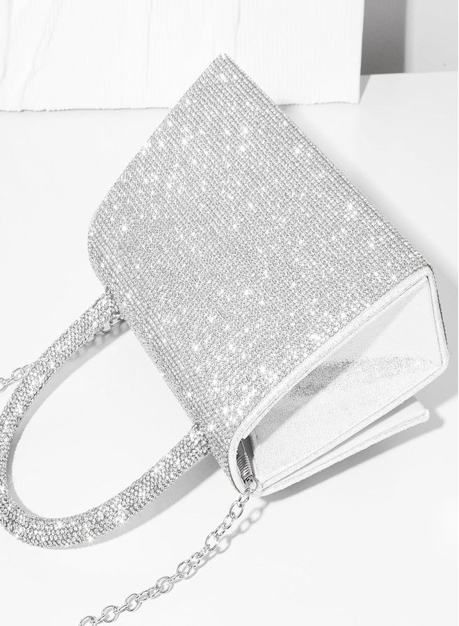 QTKJ Rhinestone Evening Bag, Handbag for Women, Small Tote Bag, Bow Tie Crossbody Bag for Wedding, Prom, Parties(Silver) - Image 5