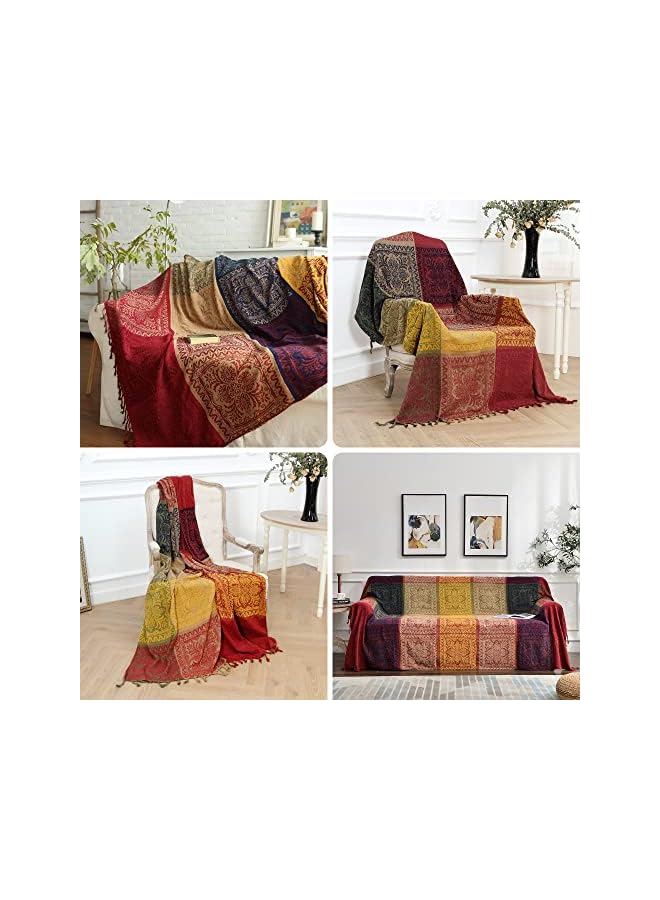 The Bros Throws for Sofas, Bohemian Chenille Jacquard Tassels Throw Blankets for Bed Settees Chair Slipcover Cover 2 3 Seater，(Red, 150x200cm)… - Image 4