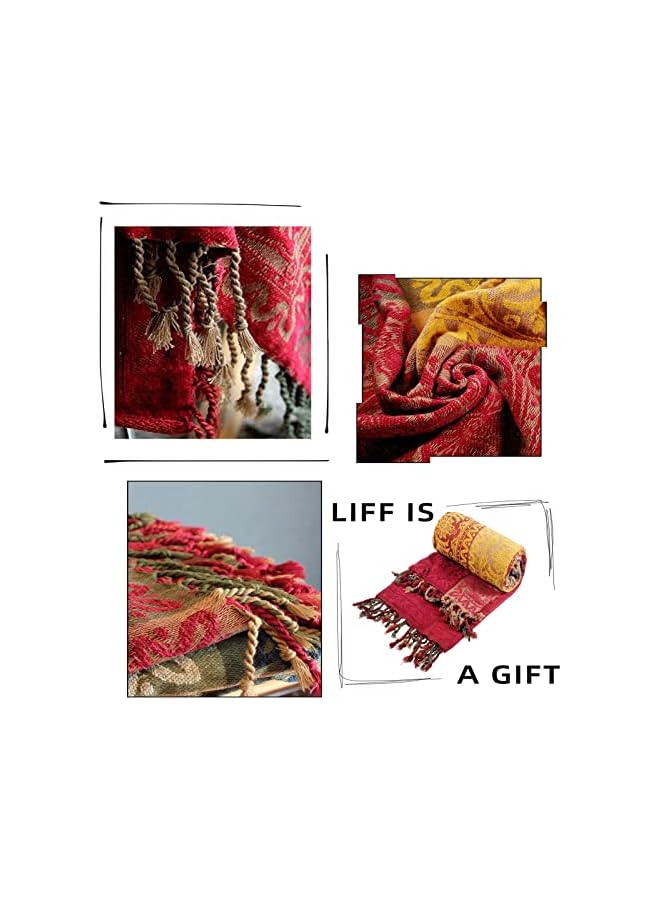 The Bros Throws for Sofas, Bohemian Chenille Jacquard Tassels Throw Blankets for Bed Settees Chair Slipcover Cover 2 3 Seater，(Red, 150x200cm)… - Image 5