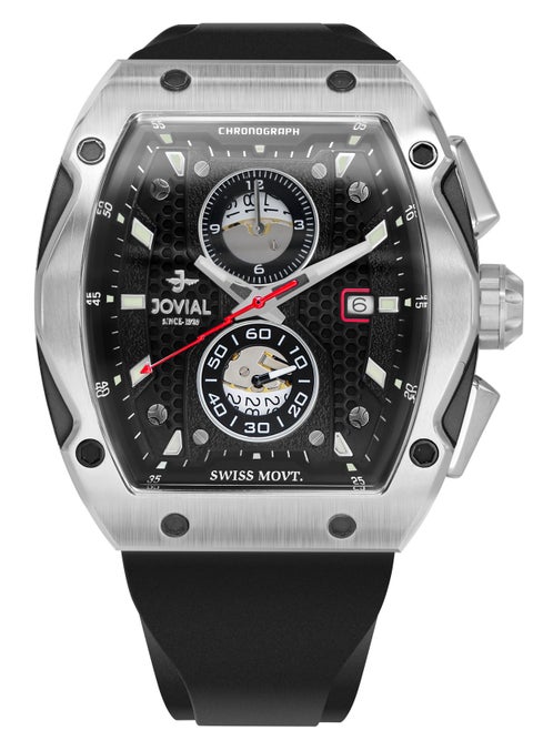 JOVIAL  1525GSRC13E, Bold Chronograph Design
Striking tonneau case, Swiss movement, and full chronograph function—built for a bold, sporty look with precision timing.