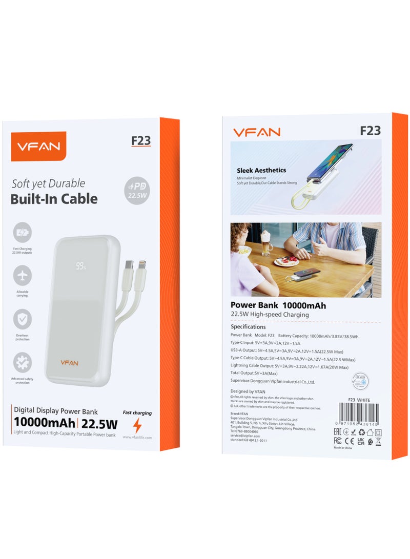 VFAN 10000mAh 22.5W Built in Cable Fast Charging Powerbank  F23-White