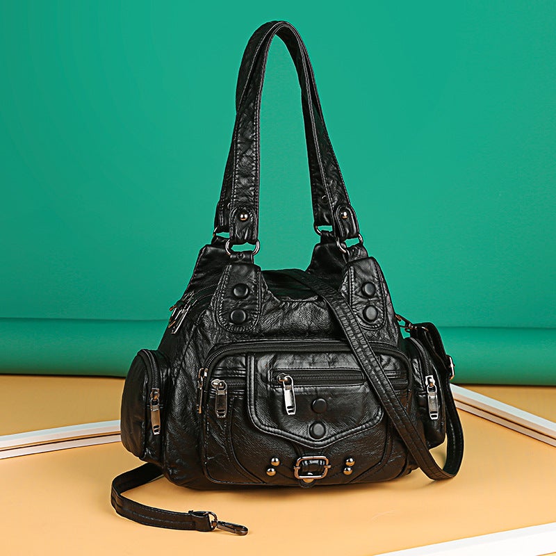 حقيبة يد جلدية مغسولة كبيرة السعة عصرية بتصميم ريترو، حقيبة كتف خفيفة الوزن للنساء، حقيبة مراسلة كاكي عصرية - Image 5