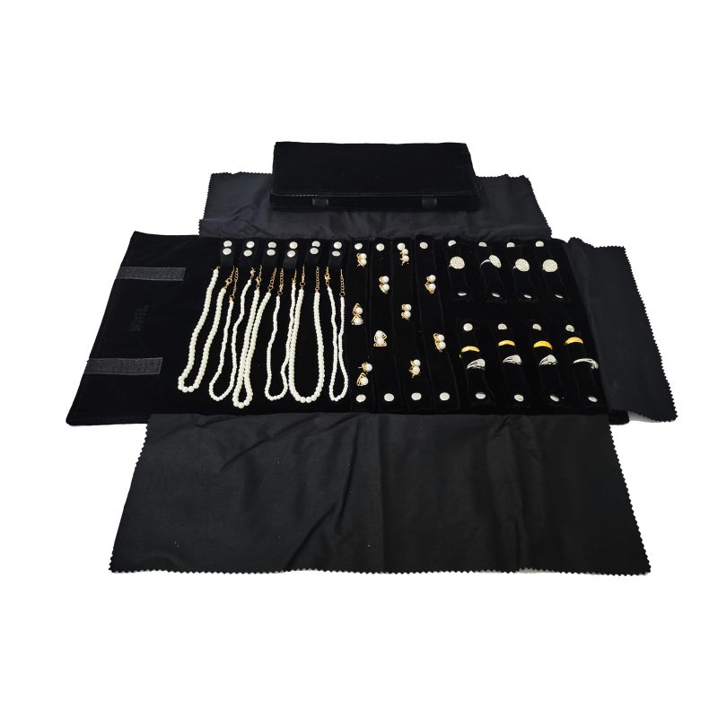 SCIKHEFT Travel Roll Bag Jewelry Display Storage Organizer Multi-function Velvet Pouch (Black) - Image 1