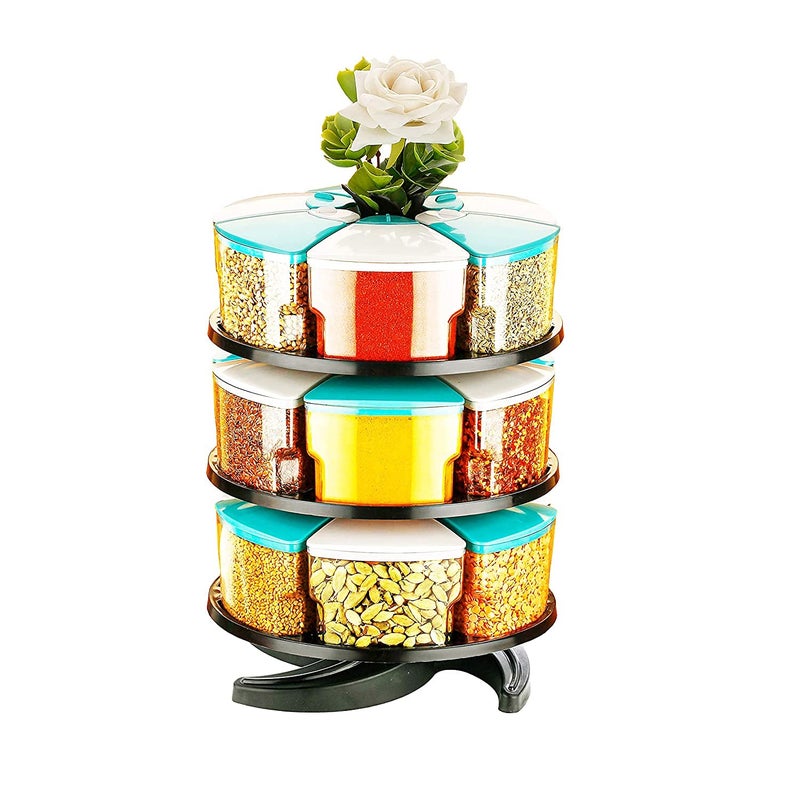 DCloud Hub 360 Degree Revolving Round Shape Transparent Pack of Jar Spice RackContainer Sky Blue 3 Layer Spice Rack - Image 1