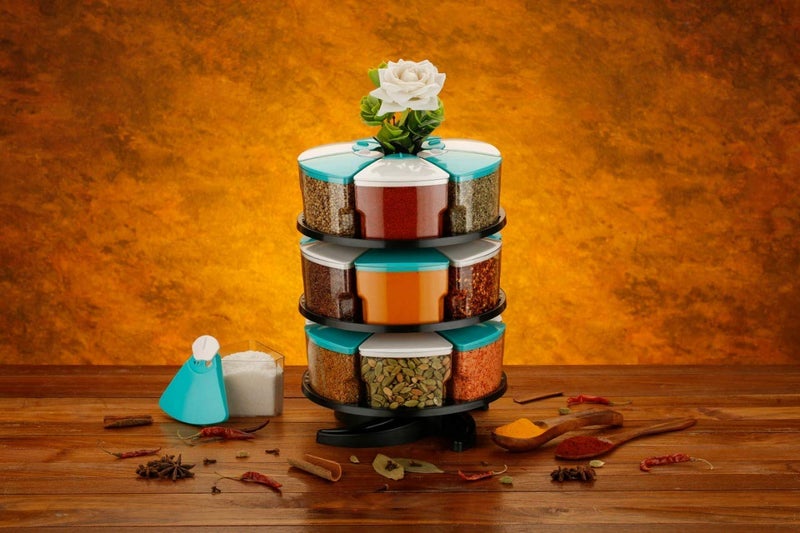 DCloud Hub 360 Degree Revolving Round Shape Transparent Pack of Jar Spice RackContainer Sky Blue 3 Layer Spice Rack - Image 5