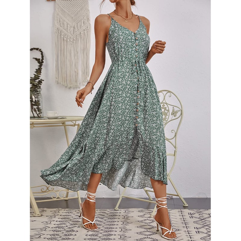 BROVAVE Women's 2025 Summer Casual Boho Sundress Polka Dot Spaghetti Strap V Neck Flowy Midi Dresses(008 Ditsy Green, Large) - Image 2