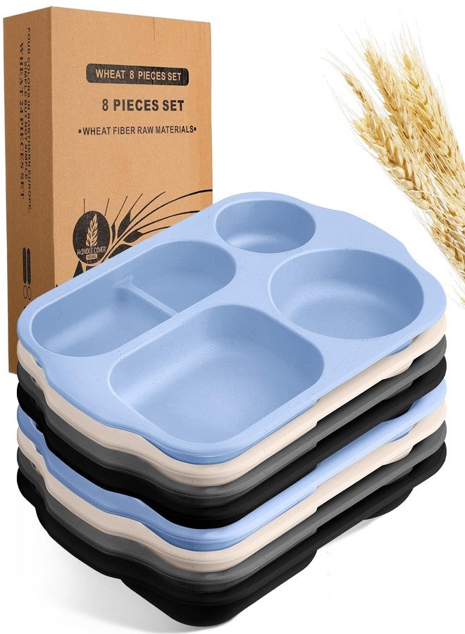 Vesici 8 Pcs Large 12 Inch Unbreakable Divided Plates for Kids Adults - Wheat Straw Tray - Microwave Dishwasher Safe - Reusable Plastic Compartment Plates(Black, Dark Gray, Blue, Beige) - Image 1