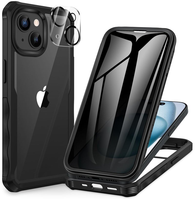 CENHUFO Privacy for iPhone 15 Case, Full Body Phone Case with Built-in 9H Tempered Glass Privacy Screen Protector and Camera Lens Protector, Anti Peep Spy Shockproof Bumper Clear Cover - Black - Image 1