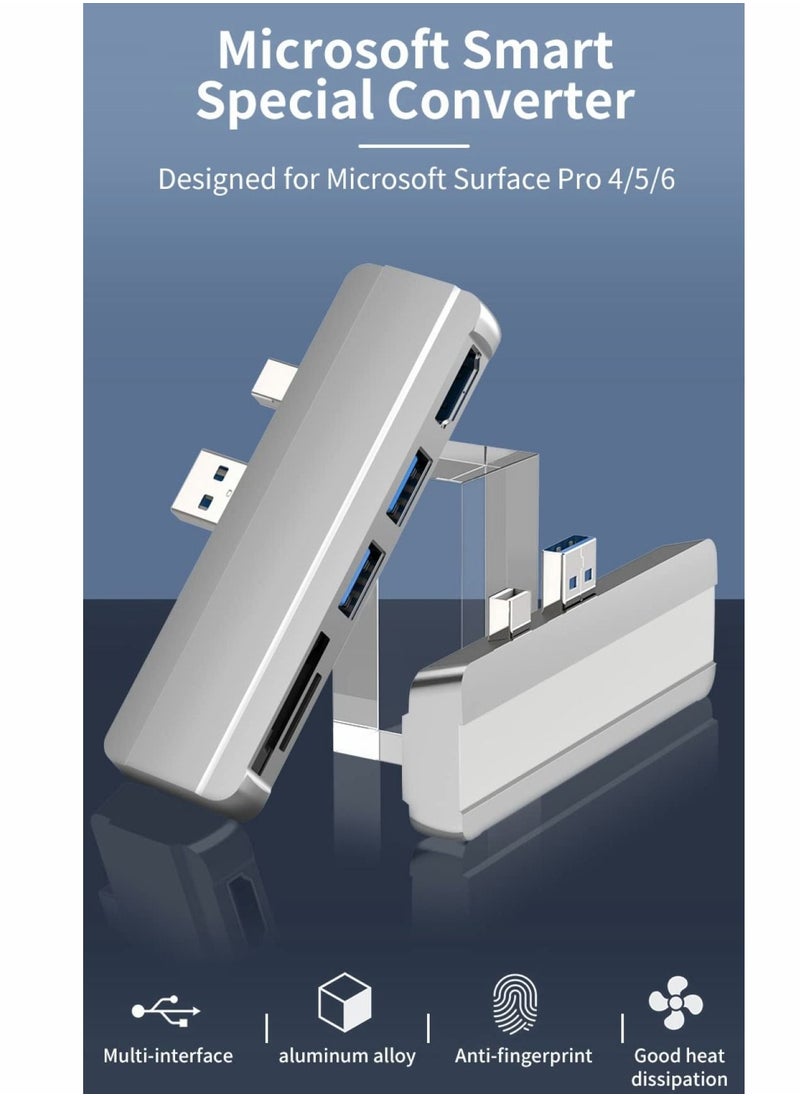 Generic - محور لمحطة إرساء Surface Pro 4 5 6 USB 3.0x2 محول، قارئ بطاقة الذاكرة SD TF Micro، منفذ HDMI 4K مايكروسوفت 6 5 4 (فضي) - Image 1