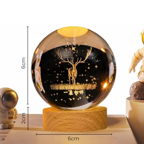 One94Store 3D Engraved Deer Crystal Globe Lamp | USB LED Night Light with Wooden Base | Creative 6 cm Crystal Ball Table Lamp for Bedroom, Home, Office Décor & Gifting (Warm White) - Image 3