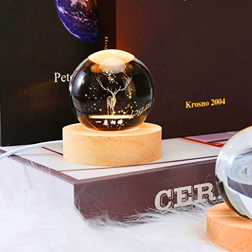 One94Store 3D Engraved Deer Crystal Globe Lamp | USB LED Night Light with Wooden Base | Creative 6 cm Crystal Ball Table Lamp for Bedroom, Home, Office Décor & Gifting (Warm White) - Image 2