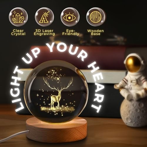 One94Store 3D Engraved Deer Crystal Globe Lamp | USB LED Night Light with Wooden Base | Creative 6 cm Crystal Ball Table Lamp for Bedroom, Home, Office Décor & Gifting (Warm White) - Image 5
