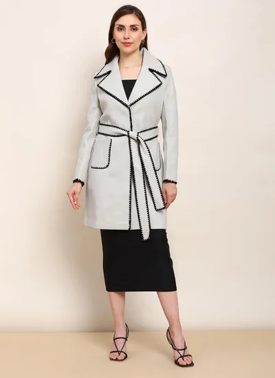 globus Globus Women Beige Solid Notched Lapel Embroidered Detail Long Sleeves Knee Length Belted Winterwear Overcoat