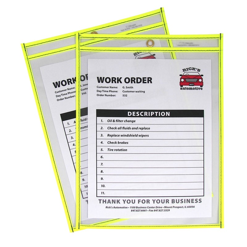 C-Line Neon Stitched Shop Ticket Holders, Yellow, Both Sides Clear, 9 x 12 Inches, 15 per Box (43916) - Image 1