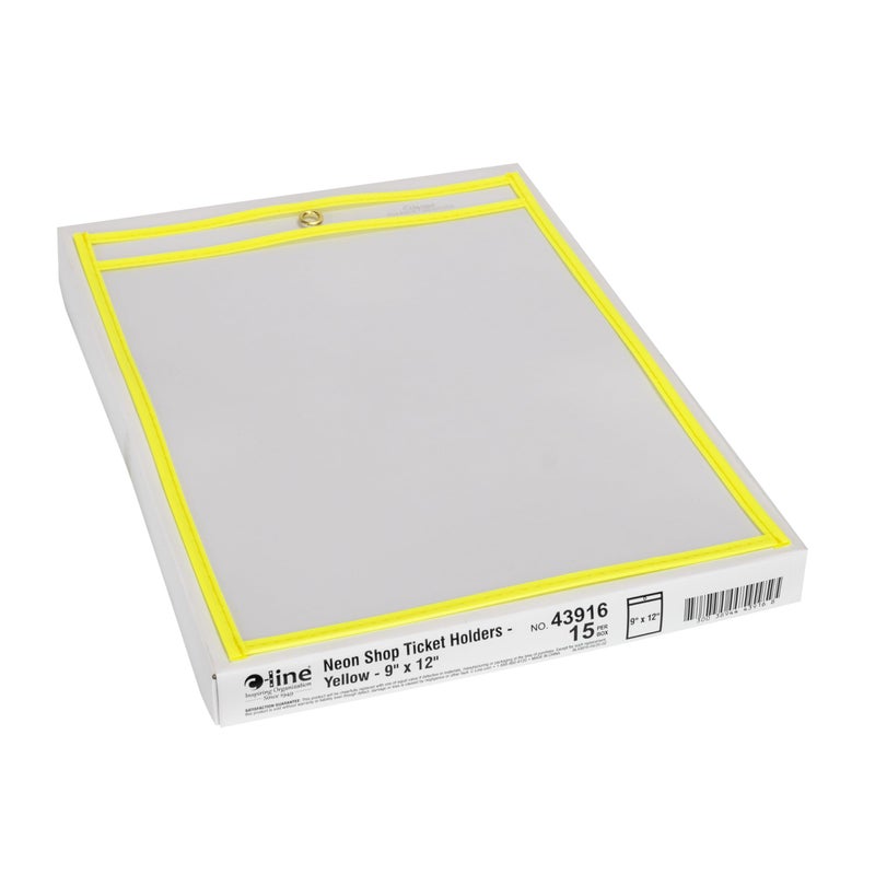 C-Line Neon Stitched Shop Ticket Holders, Yellow, Both Sides Clear, 9 x 12 Inches, 15 per Box (43916) - Image 3