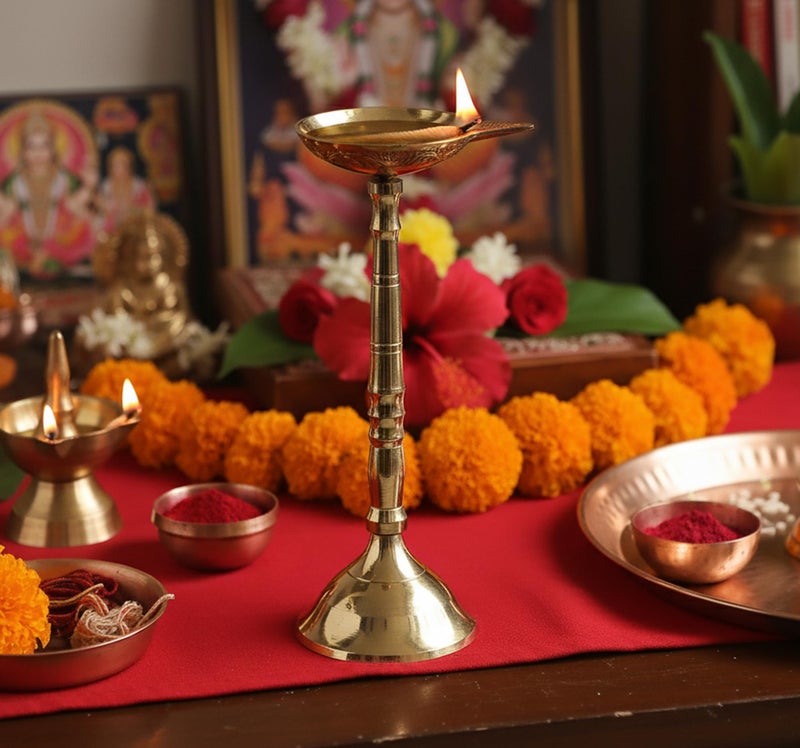 eSplanade Brass Kerala Diya for Pooja - 5 Wick Kutthu Vilakku Samai Diya for Puja Diwali Decorations, Temple Decoration (7.5" Inches) - Image 2