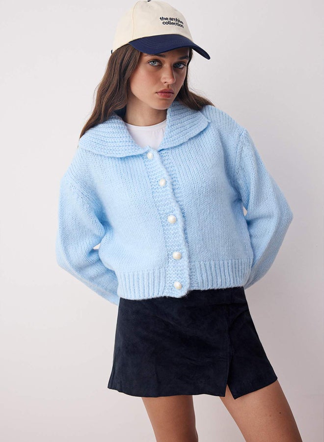 trendyol Blue Oversize/Wide Fit Crop Knitwear Cardigan - Image 2